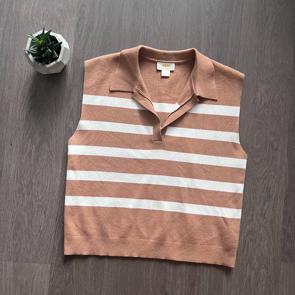 Maeve (Anthropologie) Beige & White Striped Sweater Vest with Open Collar